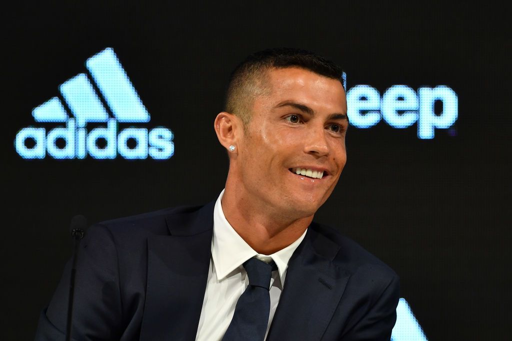 TURIN ITALY JULY 16 Juventus new signing Cristiano Ronaldo speaks to the media during the press conference on July 16...