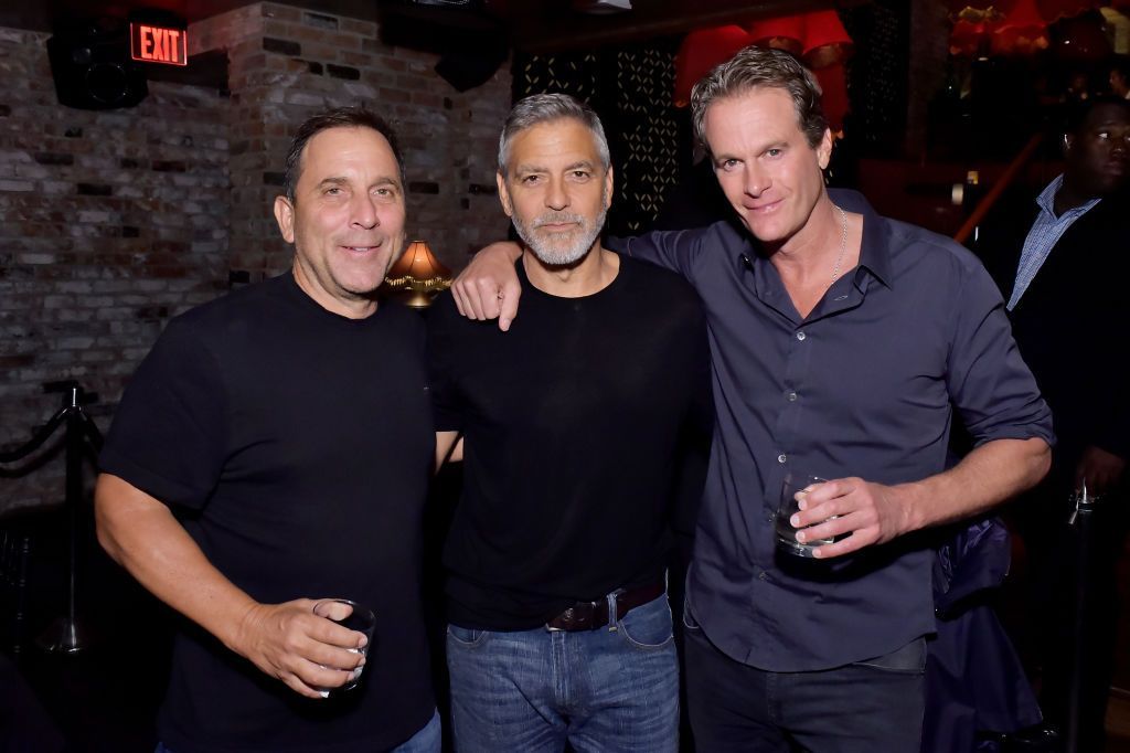 LOS ANGELES CA JUNE 08 Mike Meldman George Clooney and Rande Gerber at the Casamigos House of Friends Dinner on June...