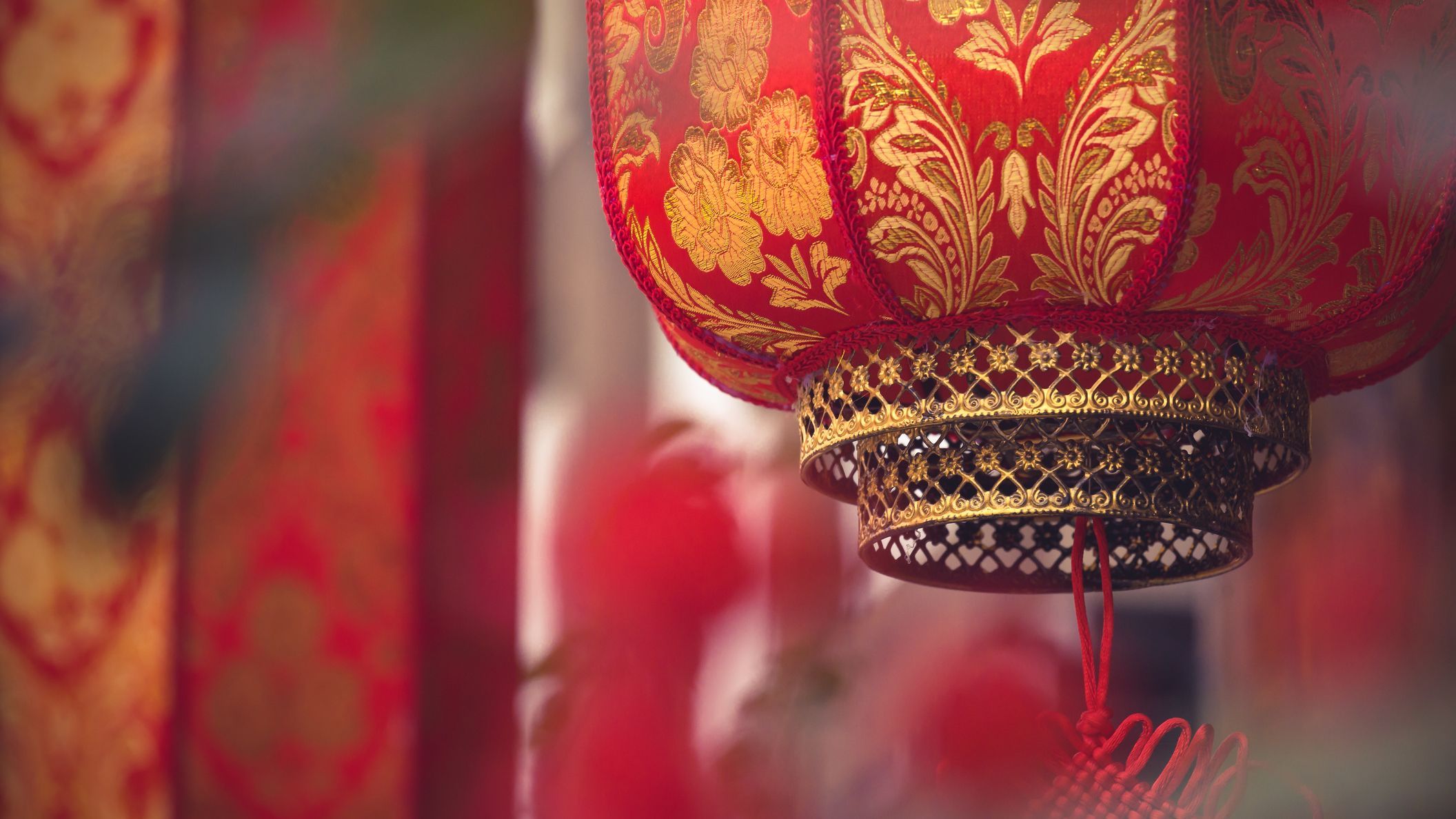 defocused view of Chinese red lantern in the street