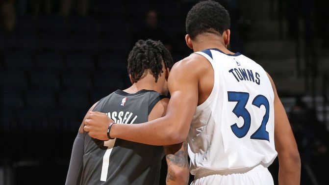 MINNEAPOLIS MN NOVEMBER 12 D'Angelo Russell 1 of the Brooklyn Nets and KarlAnthony Towns 32 of the Minnesota...