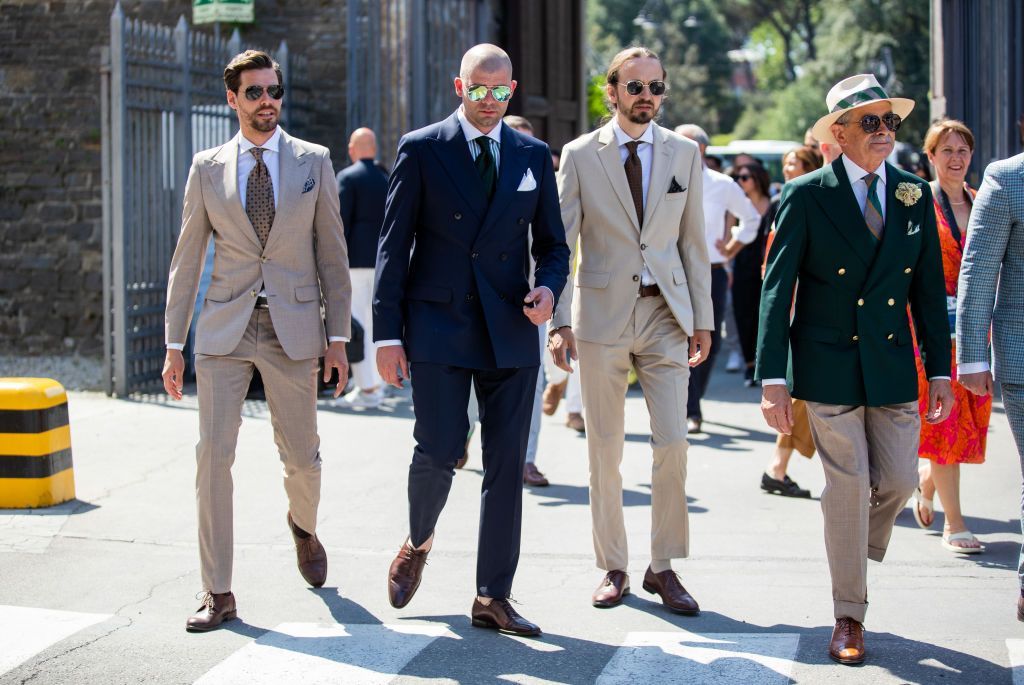 FLORENCE ITALY JUNE 15 Guests seen wearing suits at the Pitti Immagine Uomo 102 at Fortezza Da Basso on June 15 2022 in...