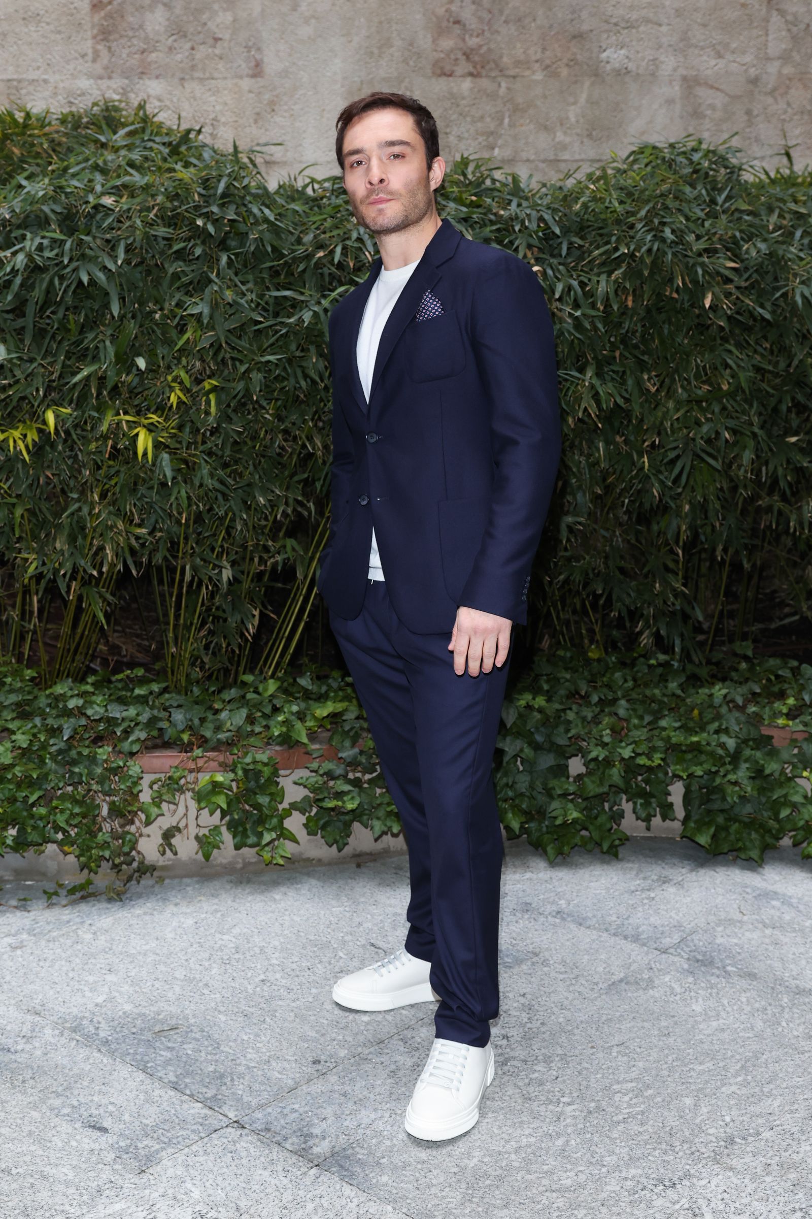 MILAN ITALY JANUARY 16 Ed Westwick is seen front row at the Giorgio Armani fashion show during the Milan Menswear...