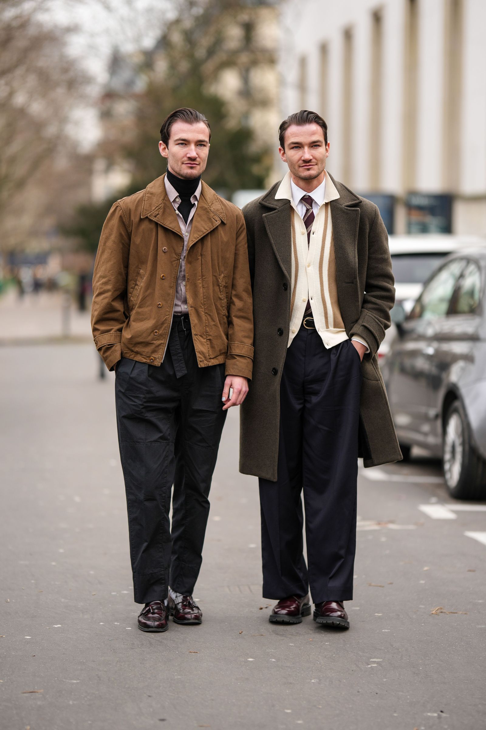PARIS FRANCE JANUARY 19 A guest wears a black turtleneck pullover a pale red shirt a brown zipper jacket coat black...