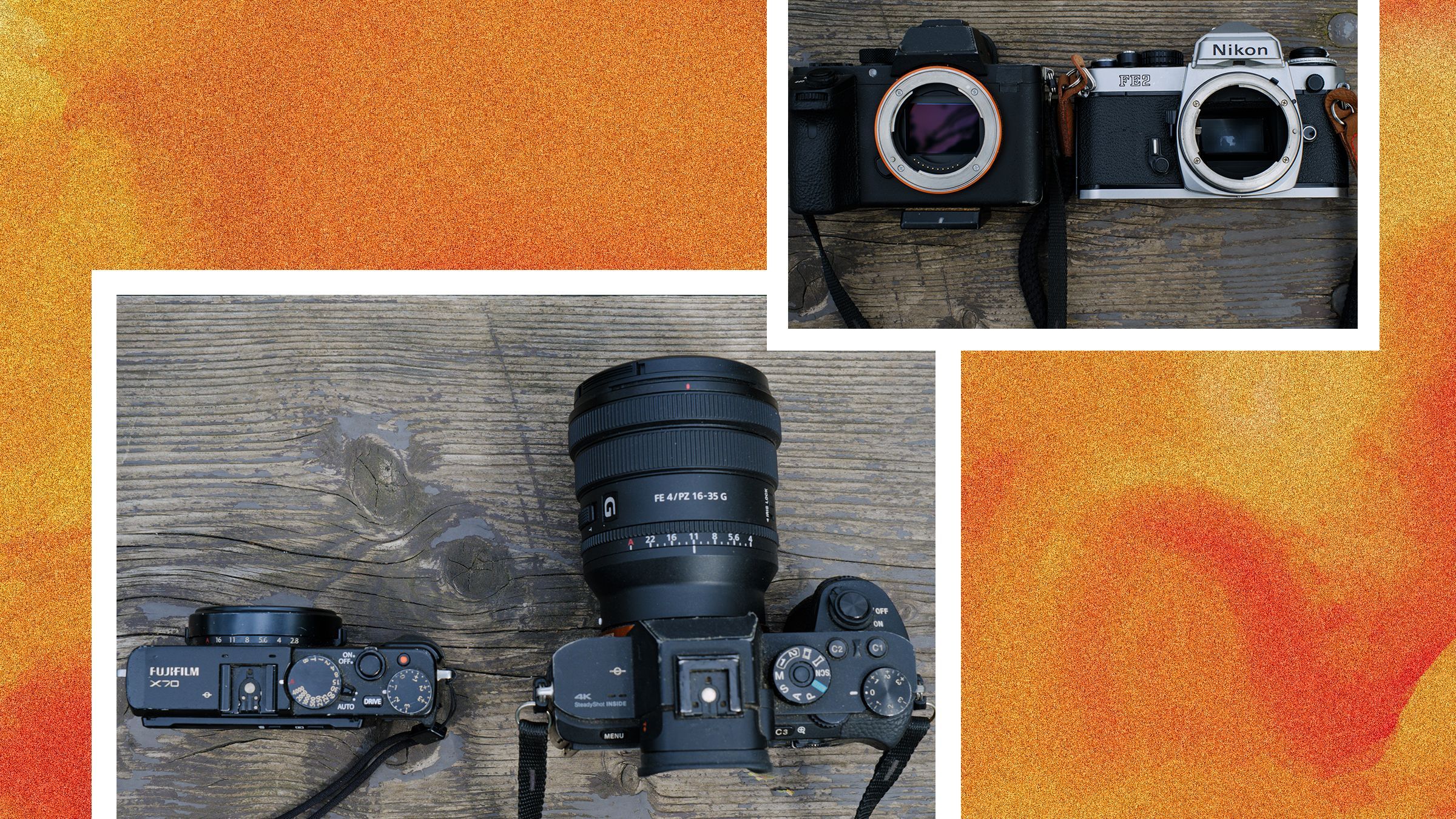 Left Top view of small camera beside larger camera with extended lens. Right Two cameras laying face up without lenses....