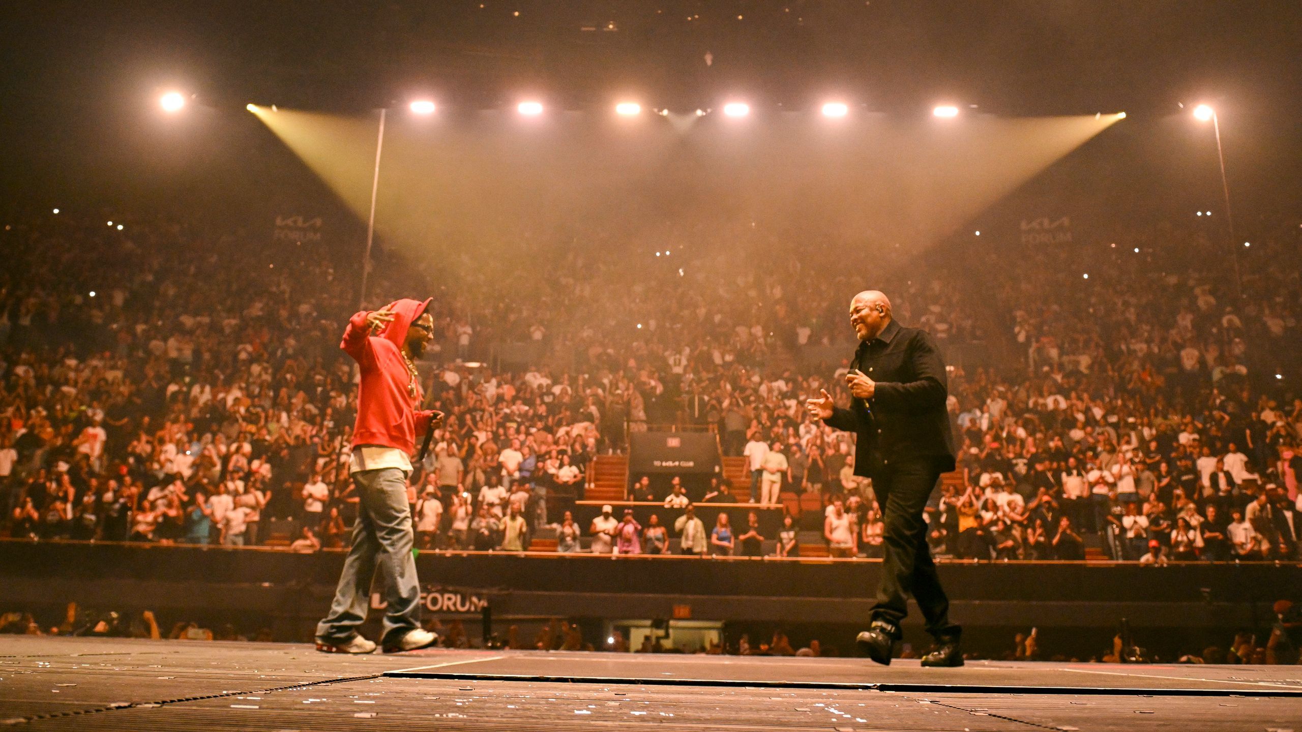 INGLEWOOD CALIFORNIA JUNE 19 Kendrick Lamar and Dr. Dre perform onstage during The Pop Out – Ken Friends Presented...
