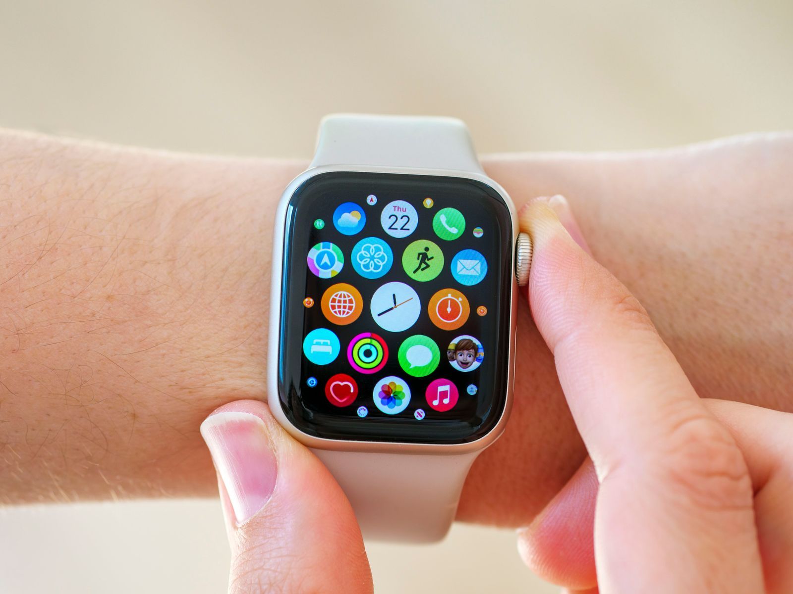 Close up of the apps on the screen of an Apple Watch.