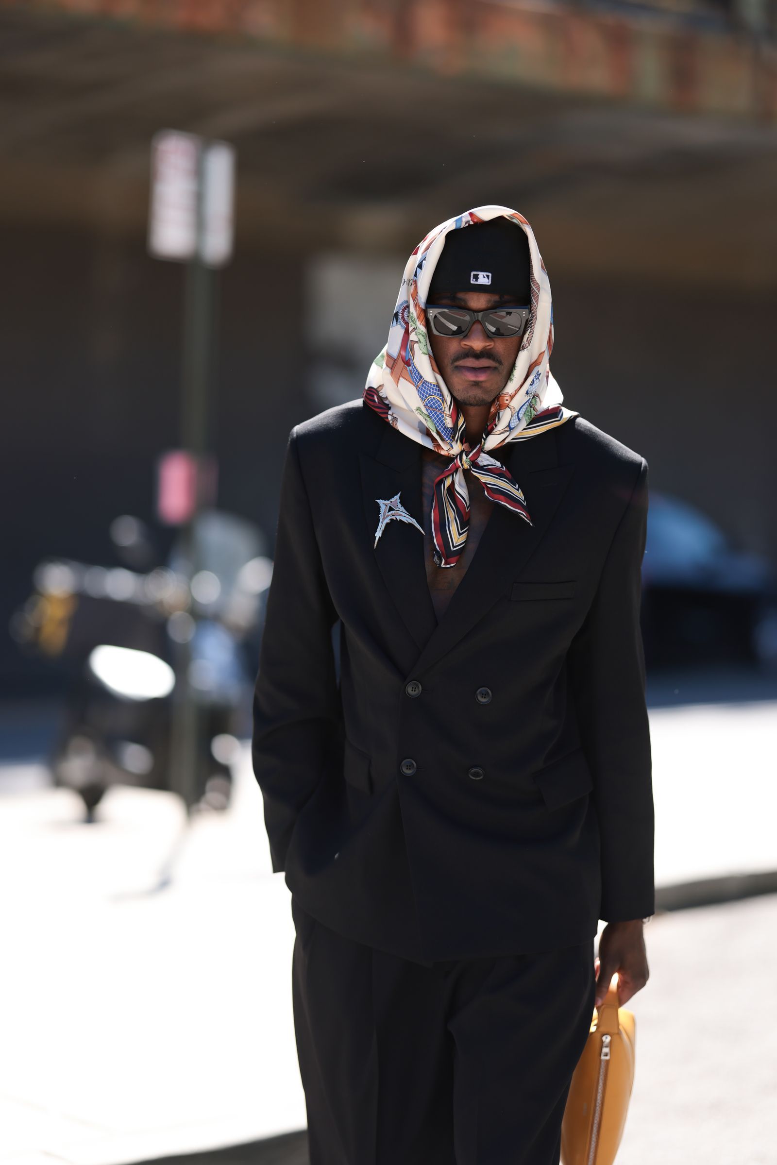 NEW YORK NEW YORK SEPTEMBER 08 Jarred Vanderbilt is seen wearing a multicolored “Forever Scarf 90†in silk twill...