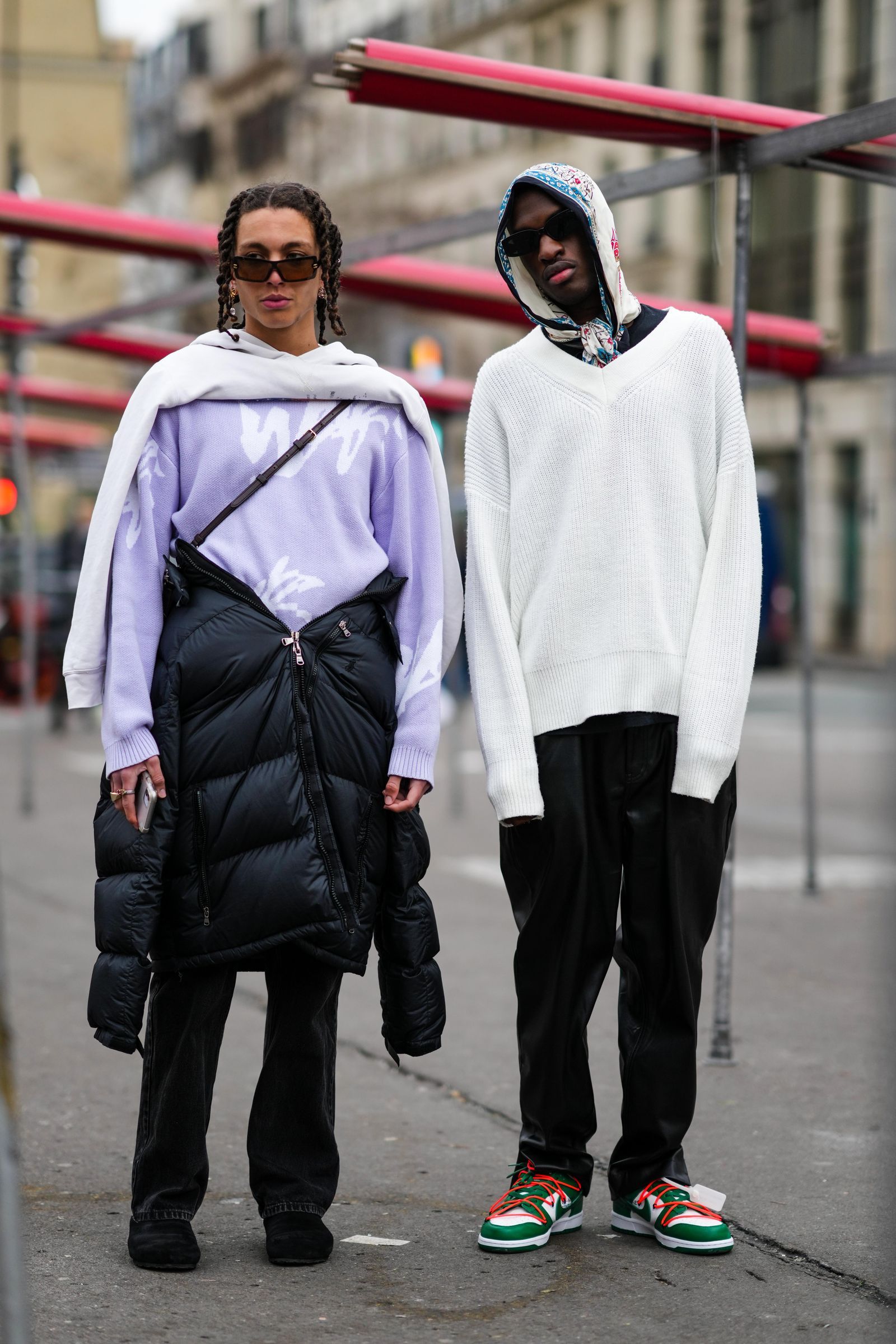 PARIS FRANCE JANUARY 19 A guest wears sunglasses a white hoodie sweater a pale purple with white inscription print...