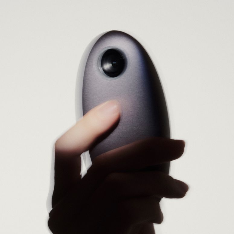 A hand holding up the Kyu camera, an oval-shaped device with a small camera lens