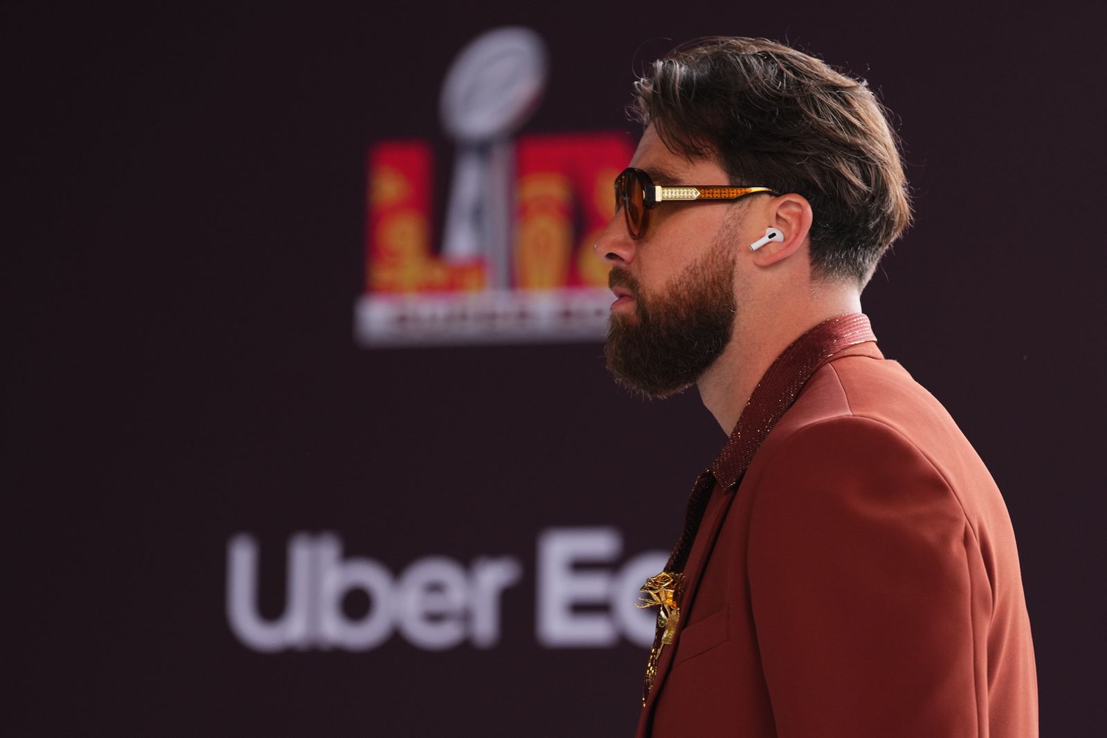 NEW ORLEANS LA FEBRUARY 09 Travis Kelce 87 of the Kansas City Chiefs arrives prior to Super Bowl LIX against the...