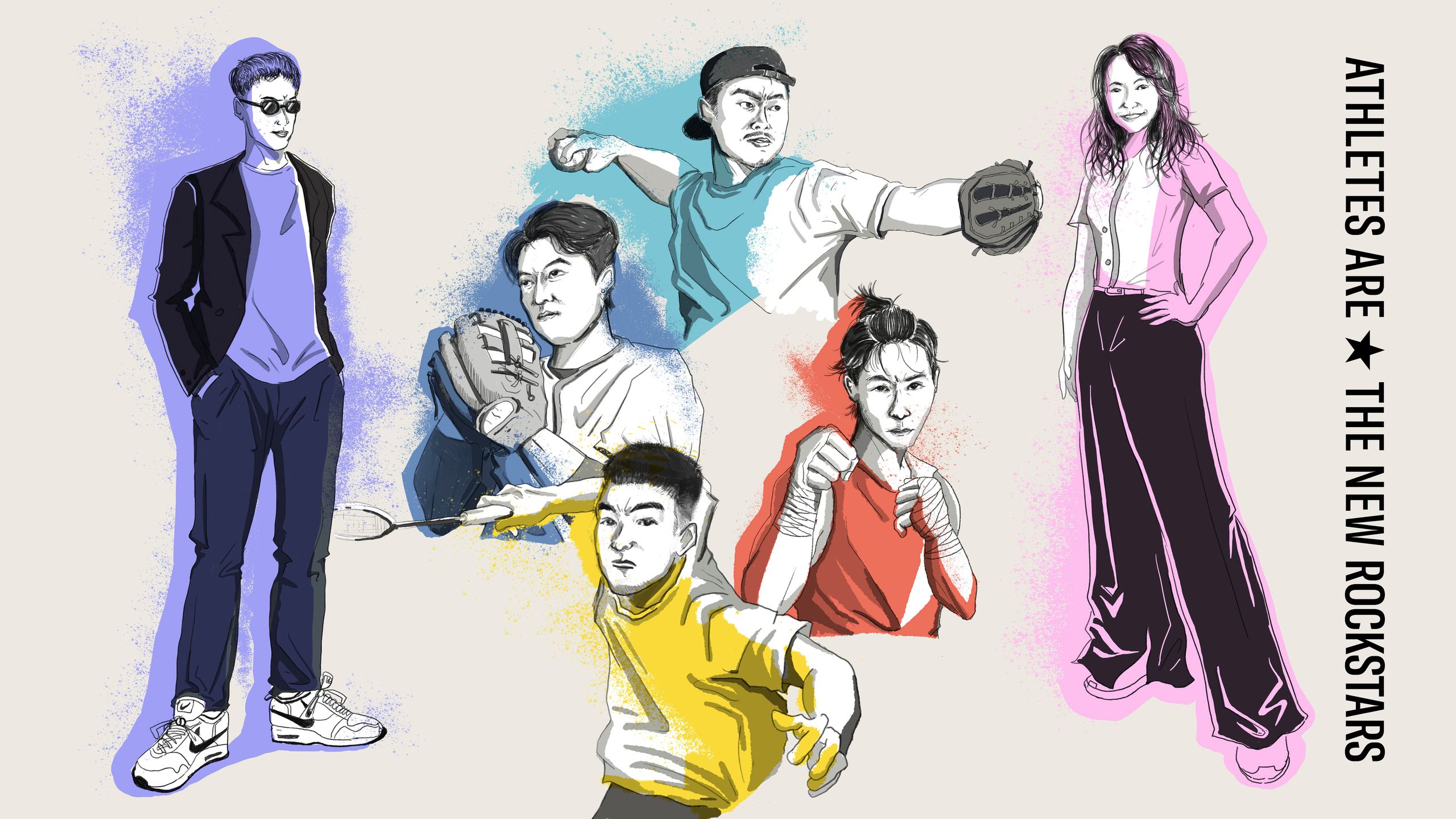 展逸國際資深體育經紀人Chris Chang(圖左),麟洋國際體育顧問負責人Becky Wu(圖右)接受GQ專訪,分享關於運動經紀在台灣的發展現況。(插畫/Jackie Chen)