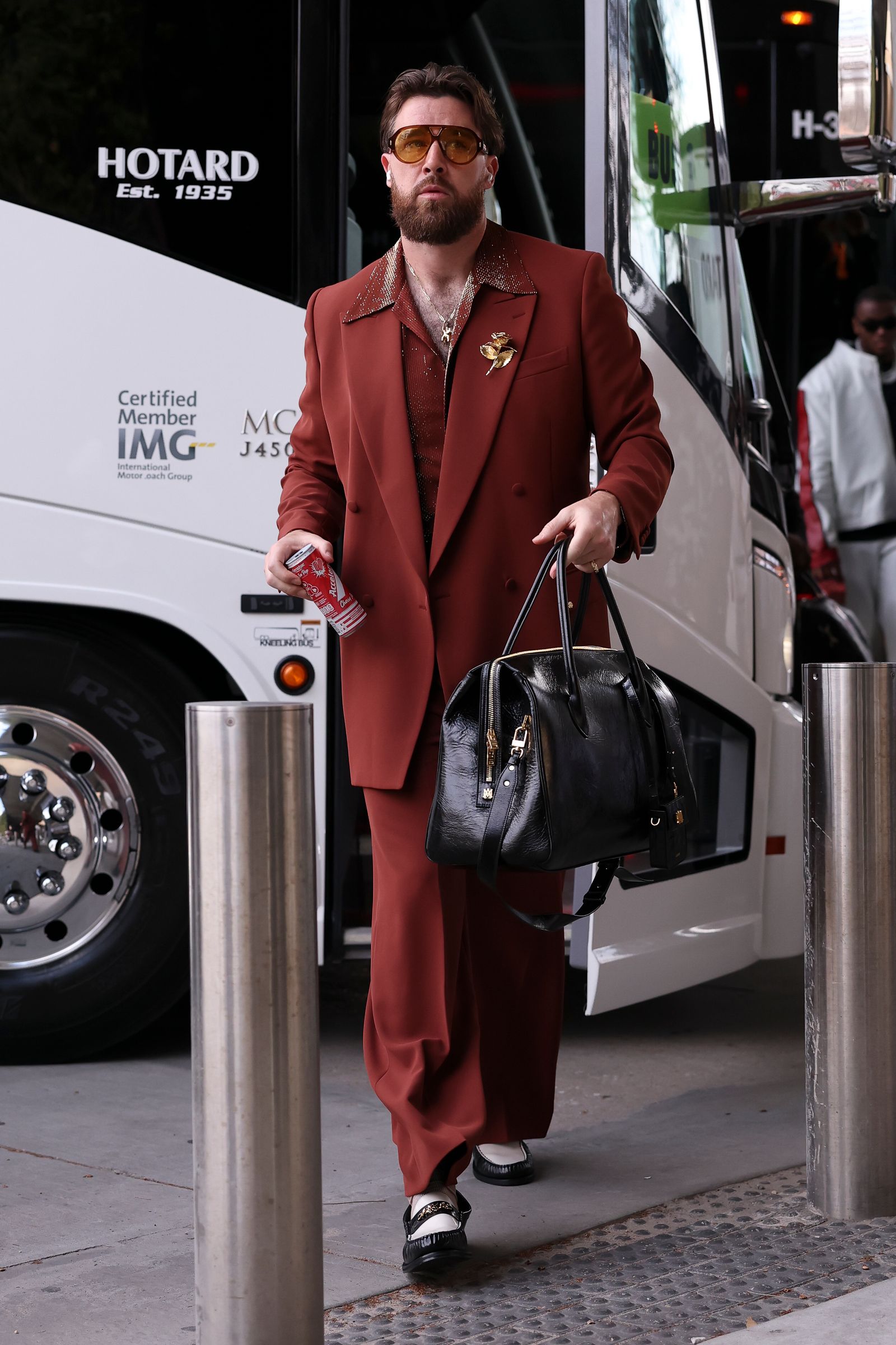 NEW ORLEANS LOUISIANA FEBRUARY 09 Travis Kelce of the Kansas City Chiefs arrives prior to Super Bowl LIX against the...