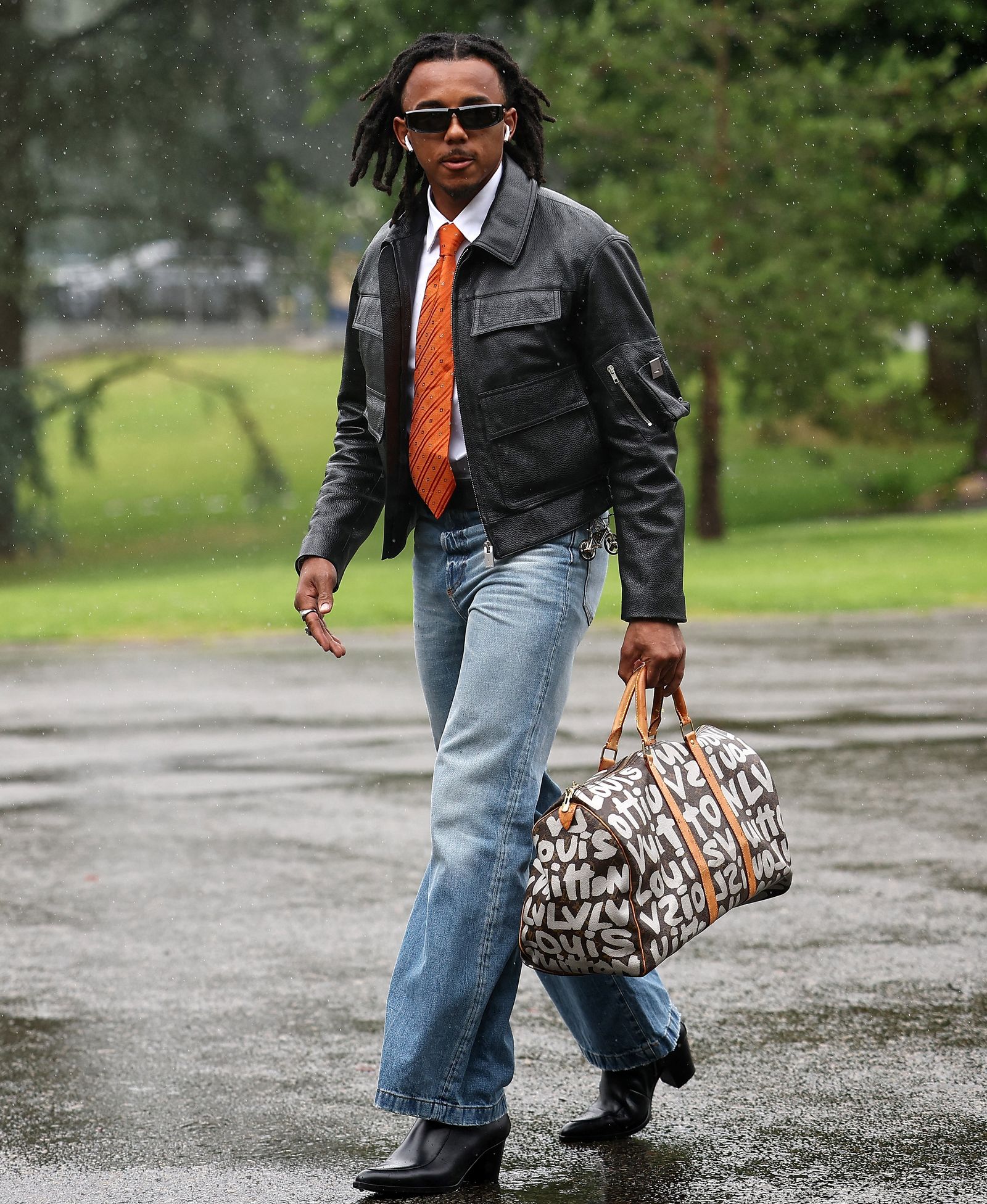 France's defender Jules Kounde arrives to the national team's training camp for the upcoming UEFA Euro 2024 European...