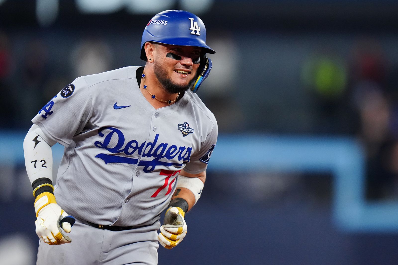 TORONTO ON NOVEMBER 01 Miguel Rojas 72 of the Los Angeles Dodgers smiles while rounding the bases after hitting a...