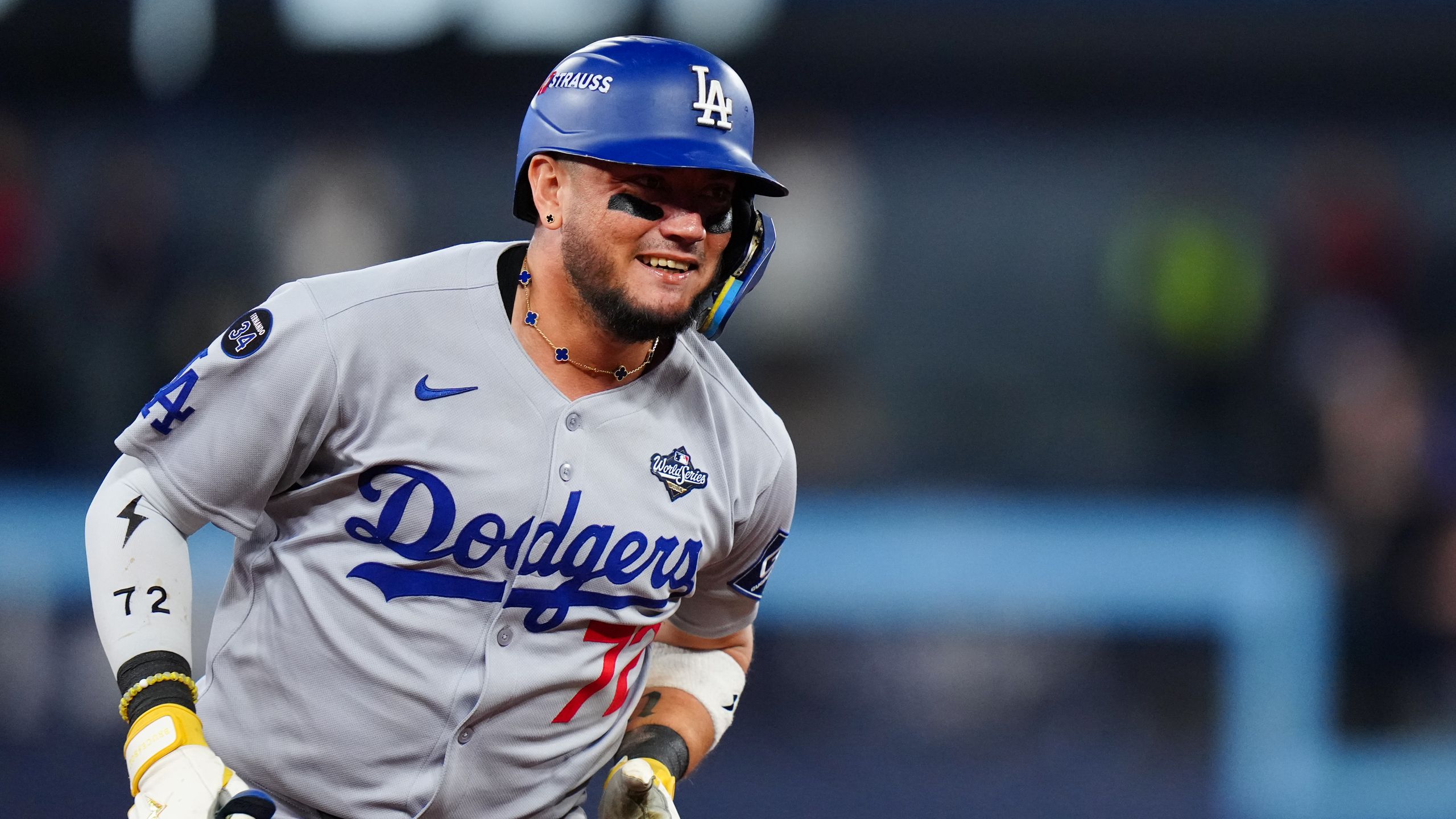 TORONTO ON NOVEMBER 01 Miguel Rojas 72 of the Los Angeles Dodgers smiles while rounding the bases after hitting a...