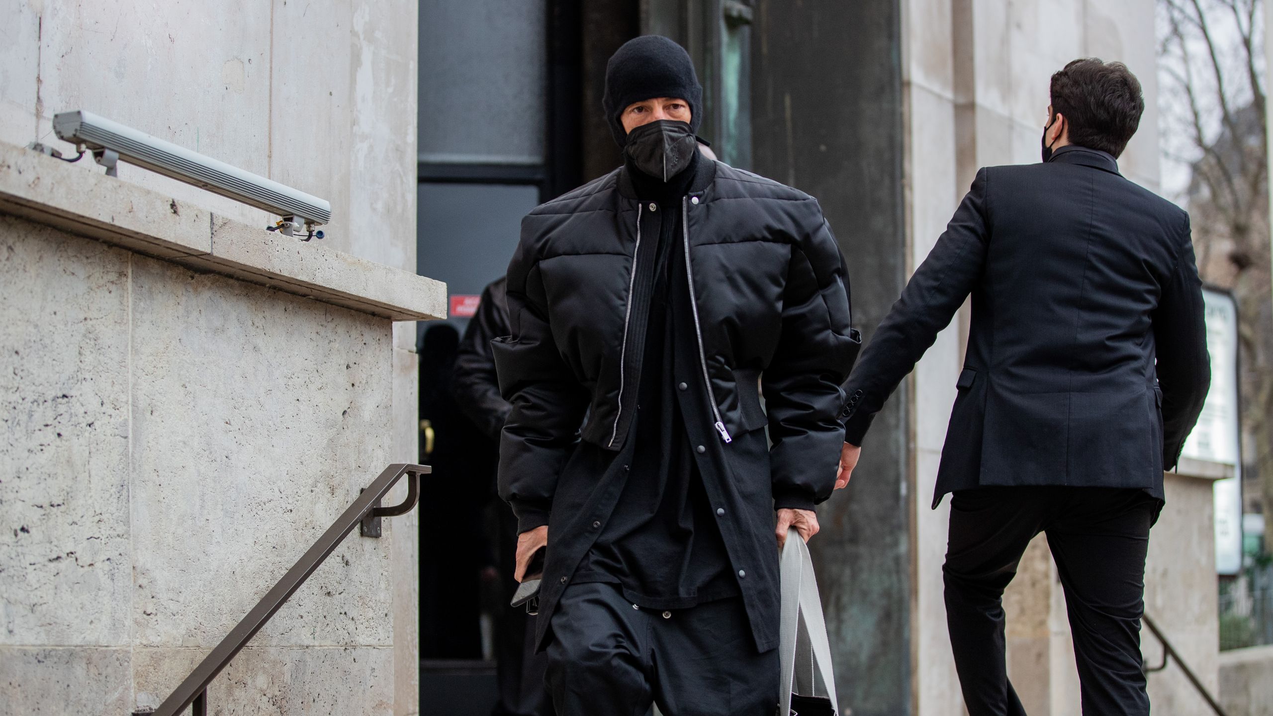 PARIS FRANCE JANUARY 19 A guest is seen wearing balaclava black puffer jacket outside Bianca Saunders during Paris...