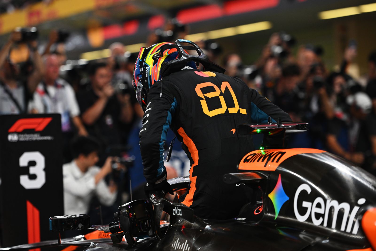 ABU DHABI UNITED ARAB EMIRATES DECEMBER 06 Third placed qualifier Oscar Piastri of Australia and McLaren arrives in...