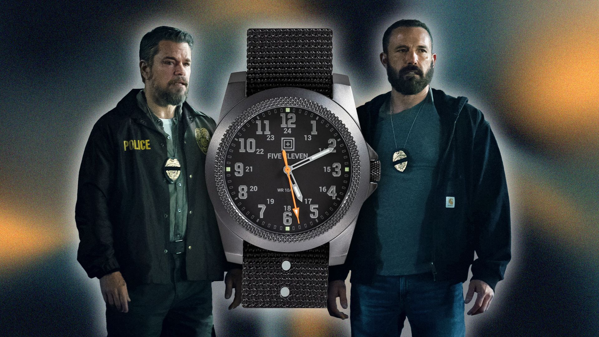 Image may contain Ben Affleck Matt Damon Wristwatch Arm Body Part Person Adult Clothing Glove Jeans and Pants