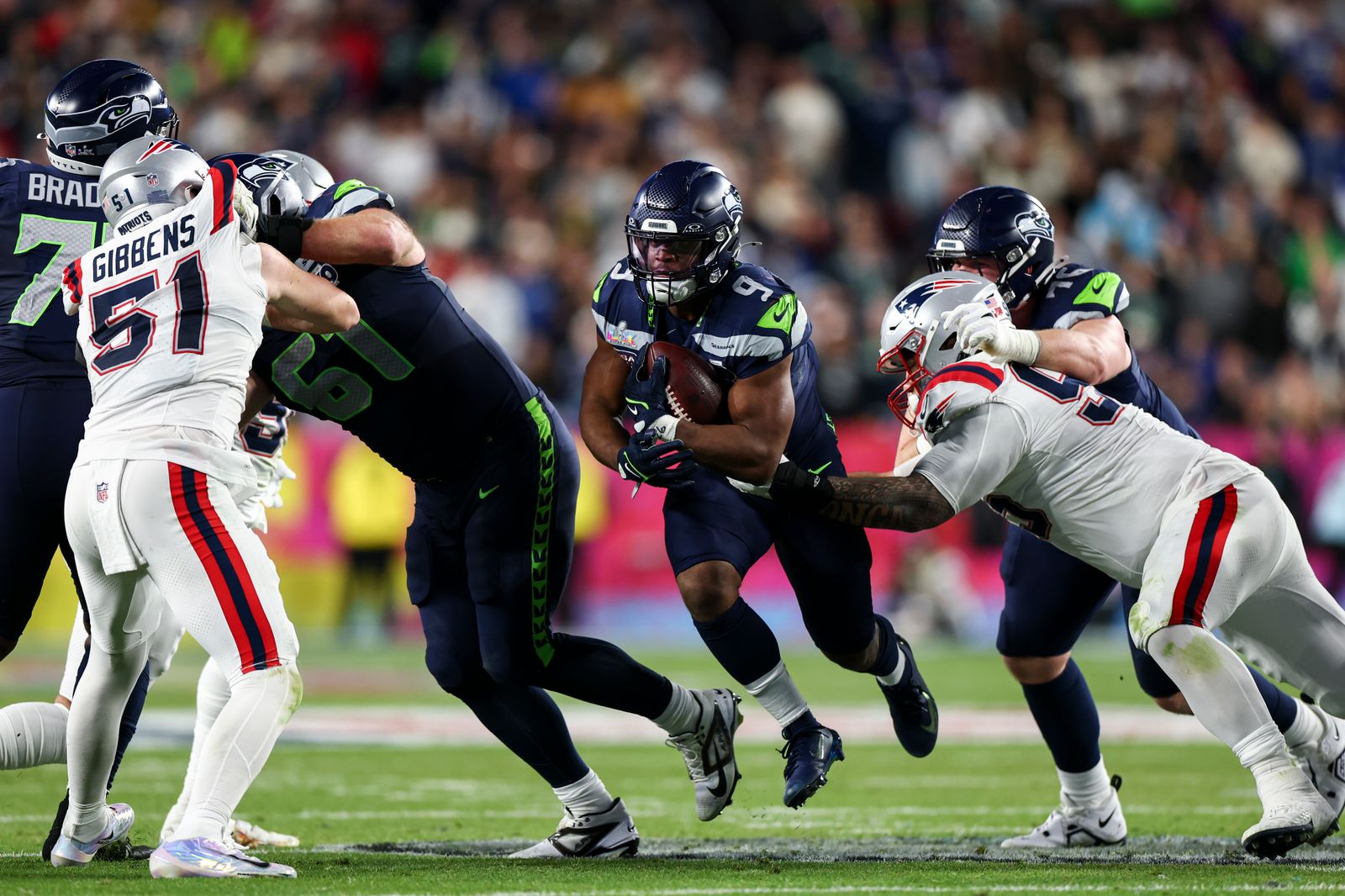 SANTA CLARA CALIFORNIA FEBRUARY 8 Kenneth Walker III 9 of the Seattle Seahawks runs the ball during the fourth quarter...