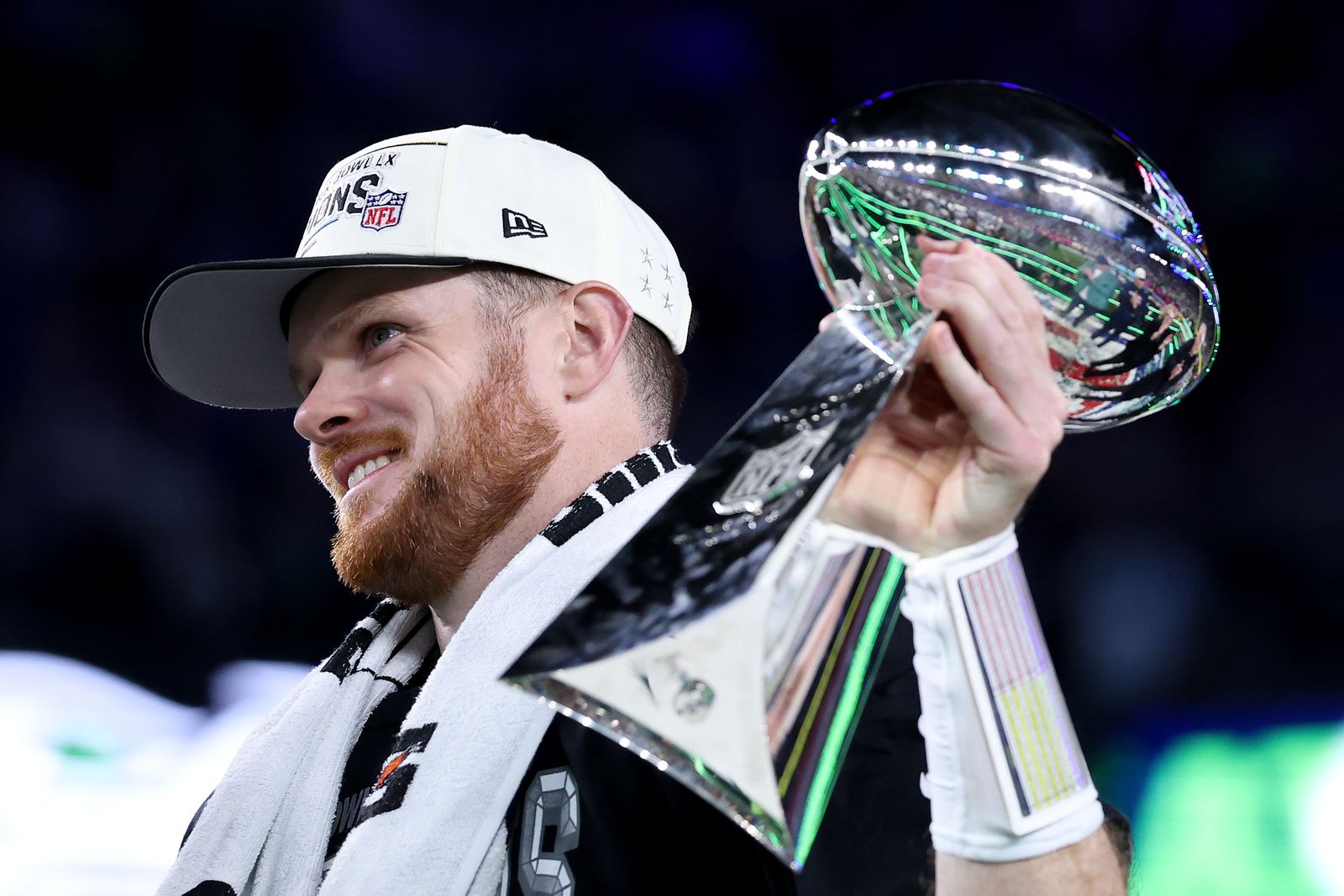 SANTA CLARA CALIFORNIA FEBRUARY 08 Sam Darnold 14 of the Seattle Seahawks celebrates with the Vince Lombardi Trophy...