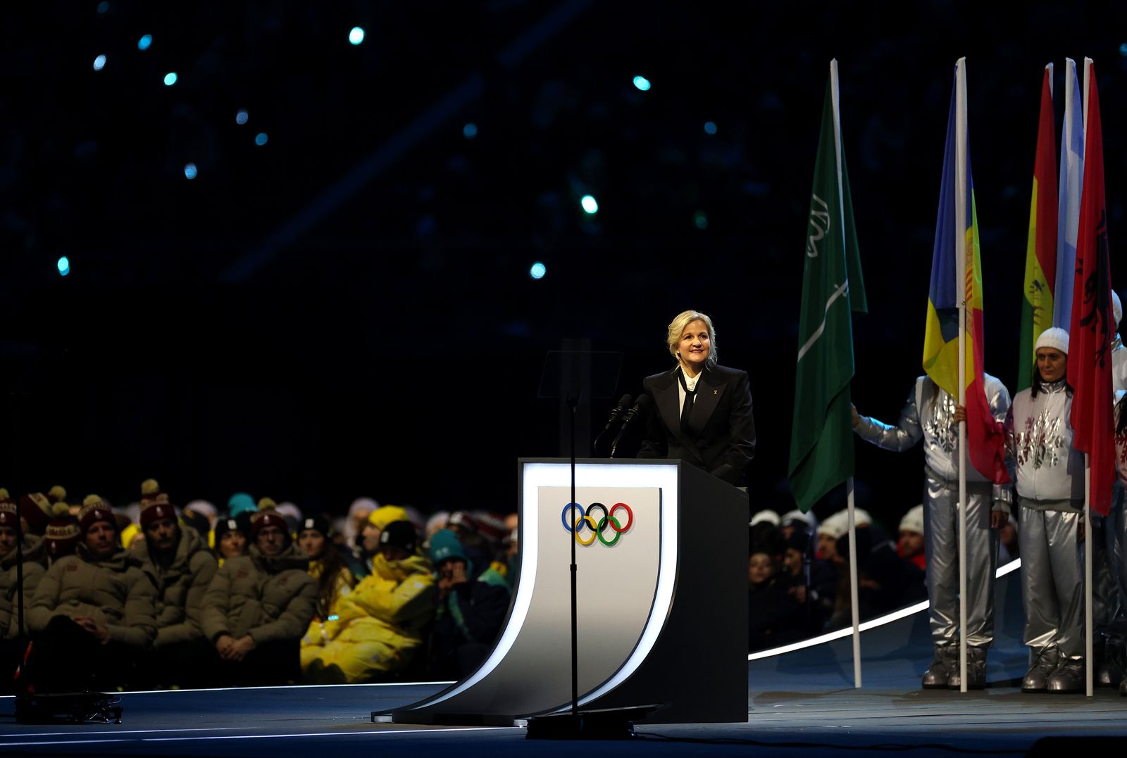 MILAN ITALY FEBRUARY 06 Kirsty Coventry President of the IOC gives a speech during the opening ceremony of the Milano...