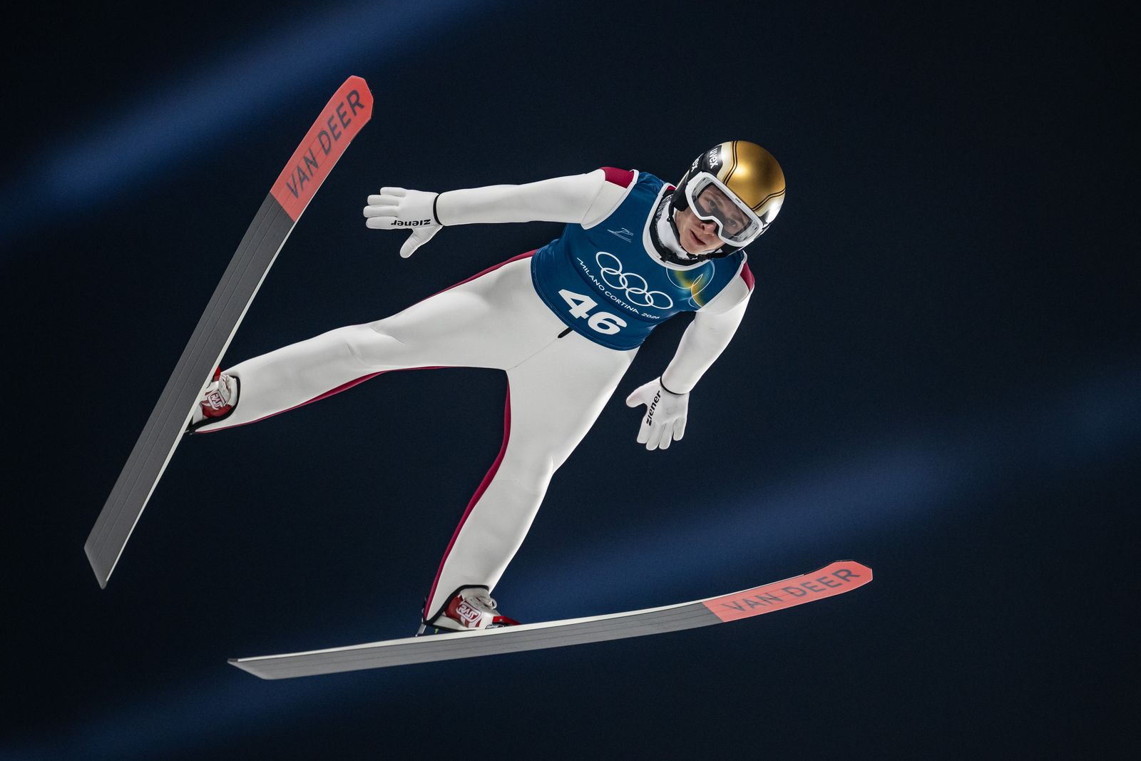 VAL DI FIEMME ITALY FEBRUARY 5 Daniel Tschofenig of Team Austria in action during the Men’s Ski Jumping Training on...