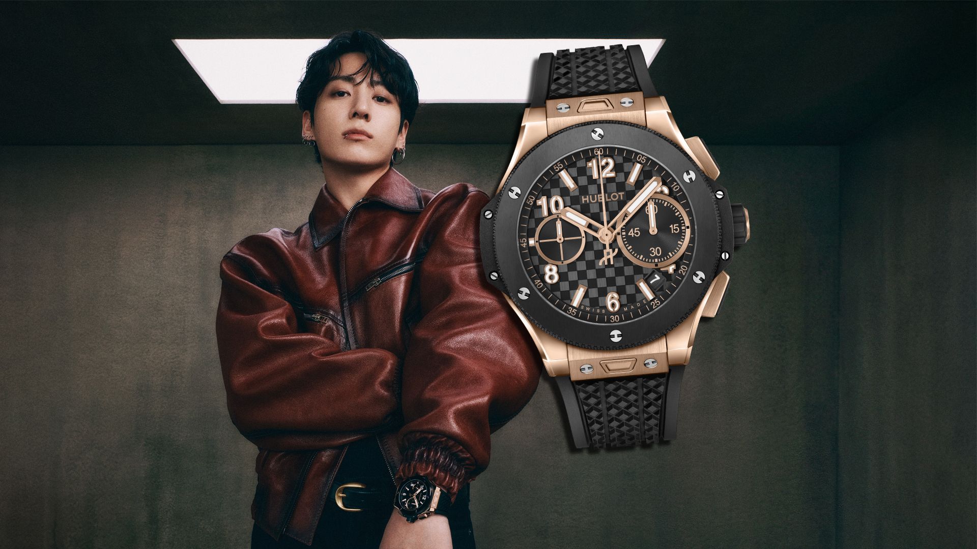 Image may contain Jungkook Wristwatch Arm Body Part Person Clothing Coat and Jacket
