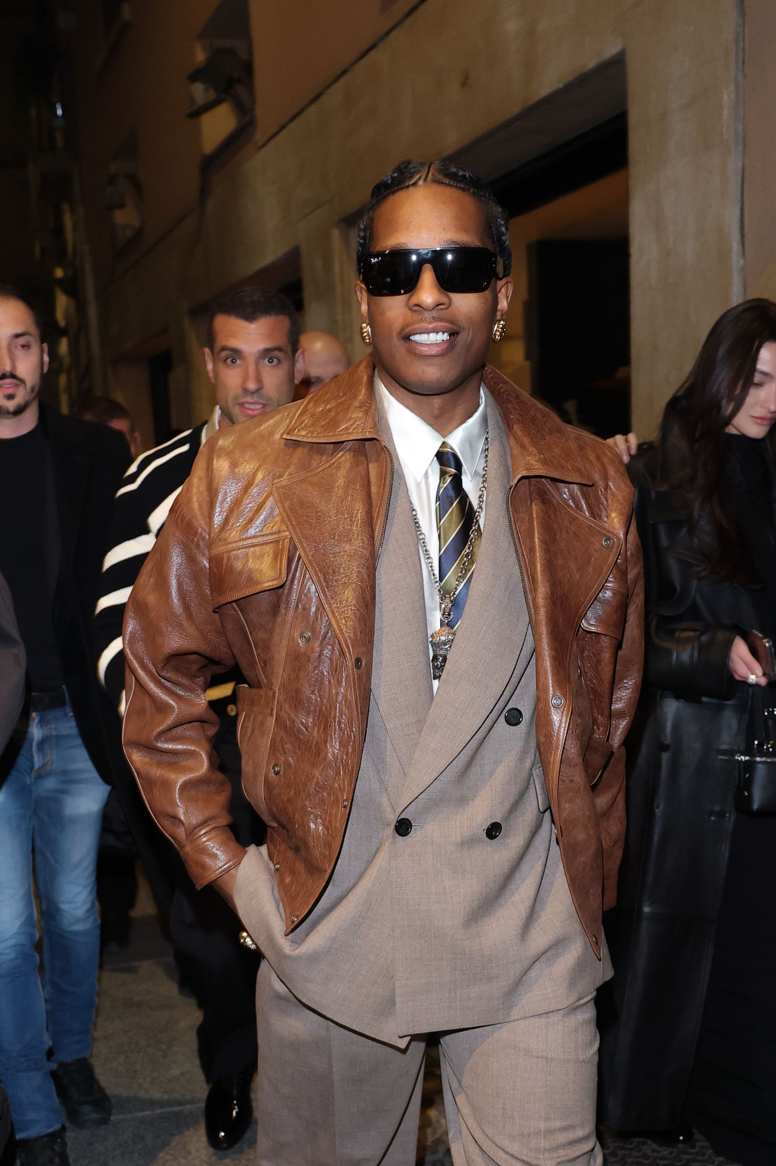 MILAN ITALY FEBRUARY 27 ASAP Rocky is seen arriving at Rayban for ASAP Rocky dinner during the Milan Fashion Week...