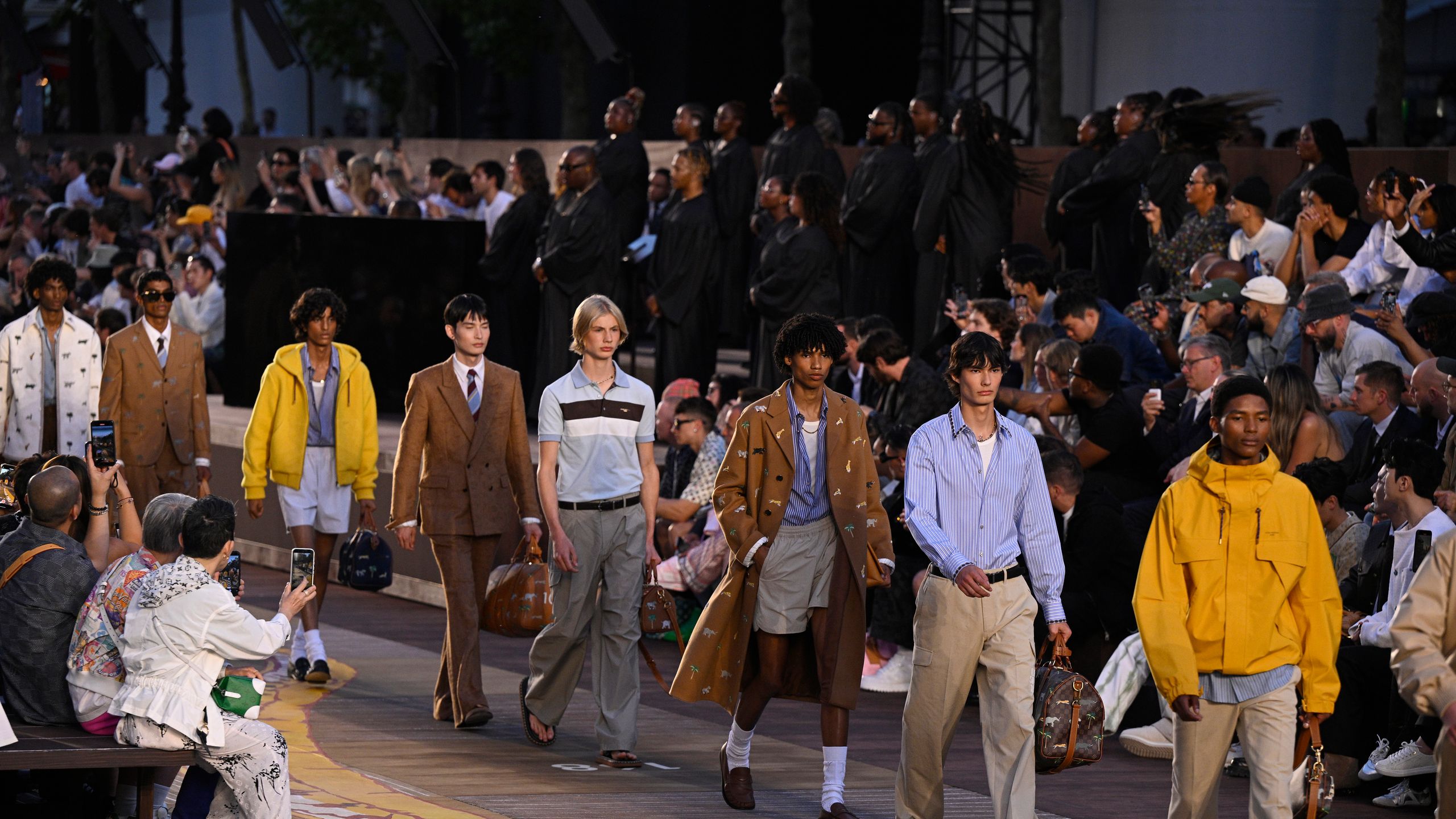 PARIS FRANCE JUNE 24 Models walk the runway during the Louis Vuitton Menswear SpringSummer 2026 show as part of Paris...