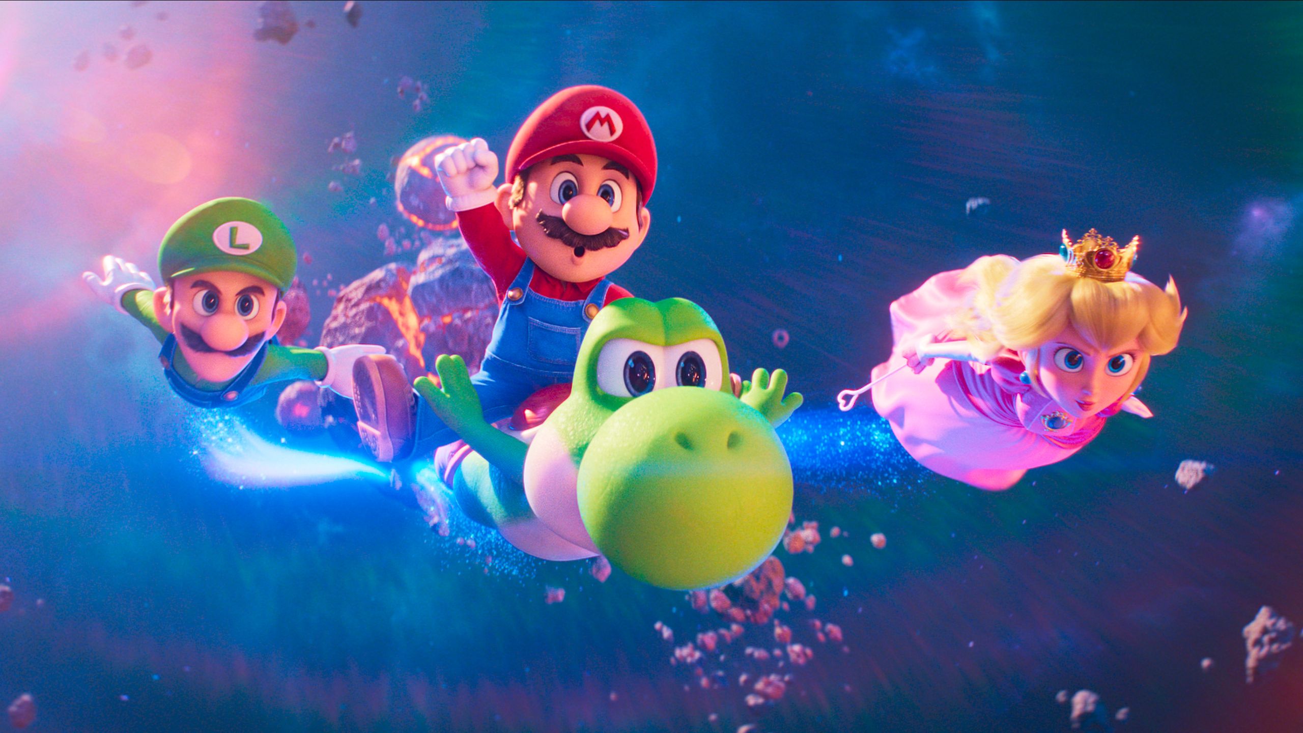 L to R Luigi Mario Yoshi and Princess Peach in Nintendo and Illuminations The Super Mario Galaxy Movie directed by...