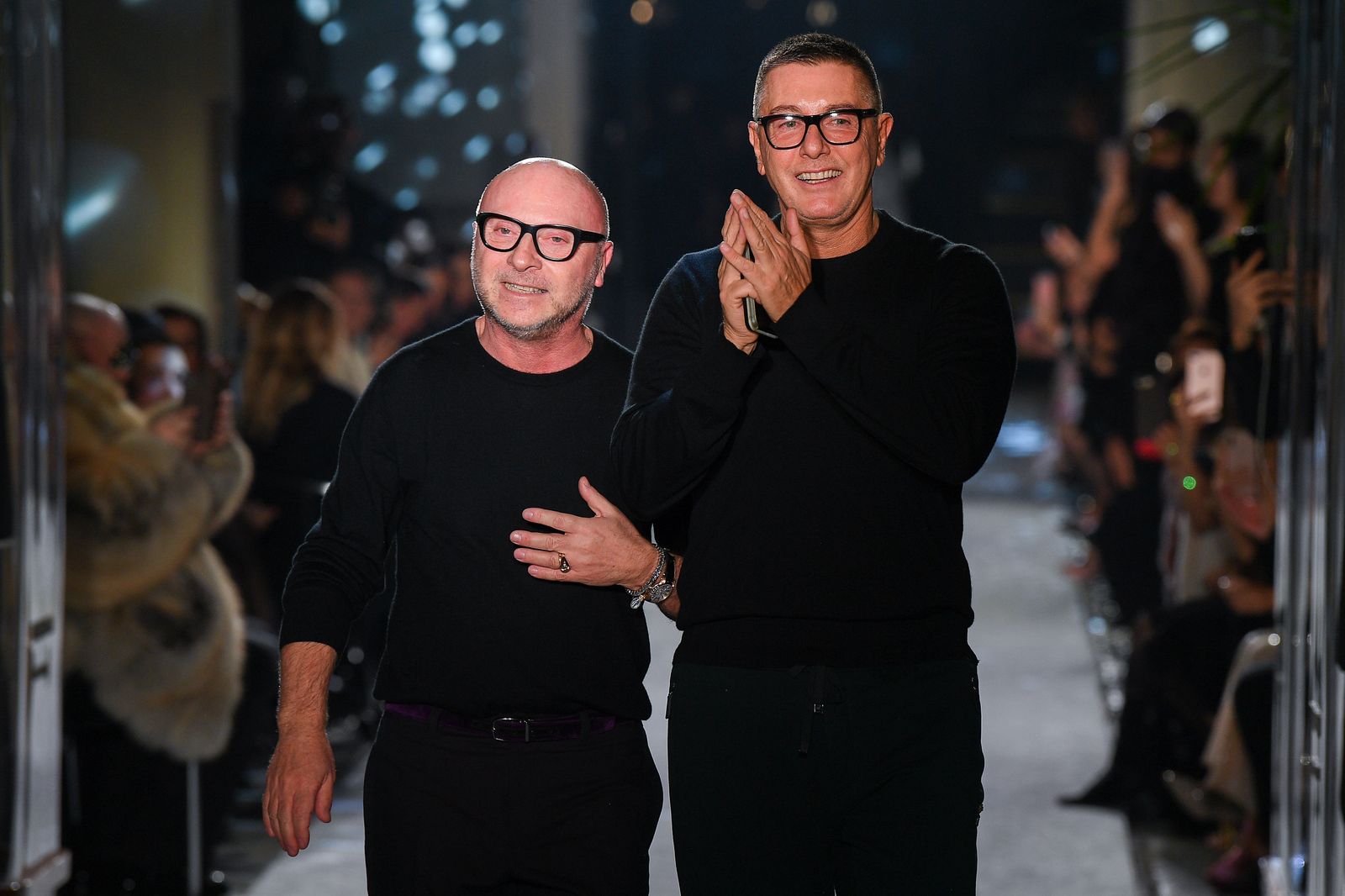 MILAN ITALY FEBRUARY 24 Designer Domenico Dolce and Stefano Gabbana walk the runway at the Dolce Gabbana show during...