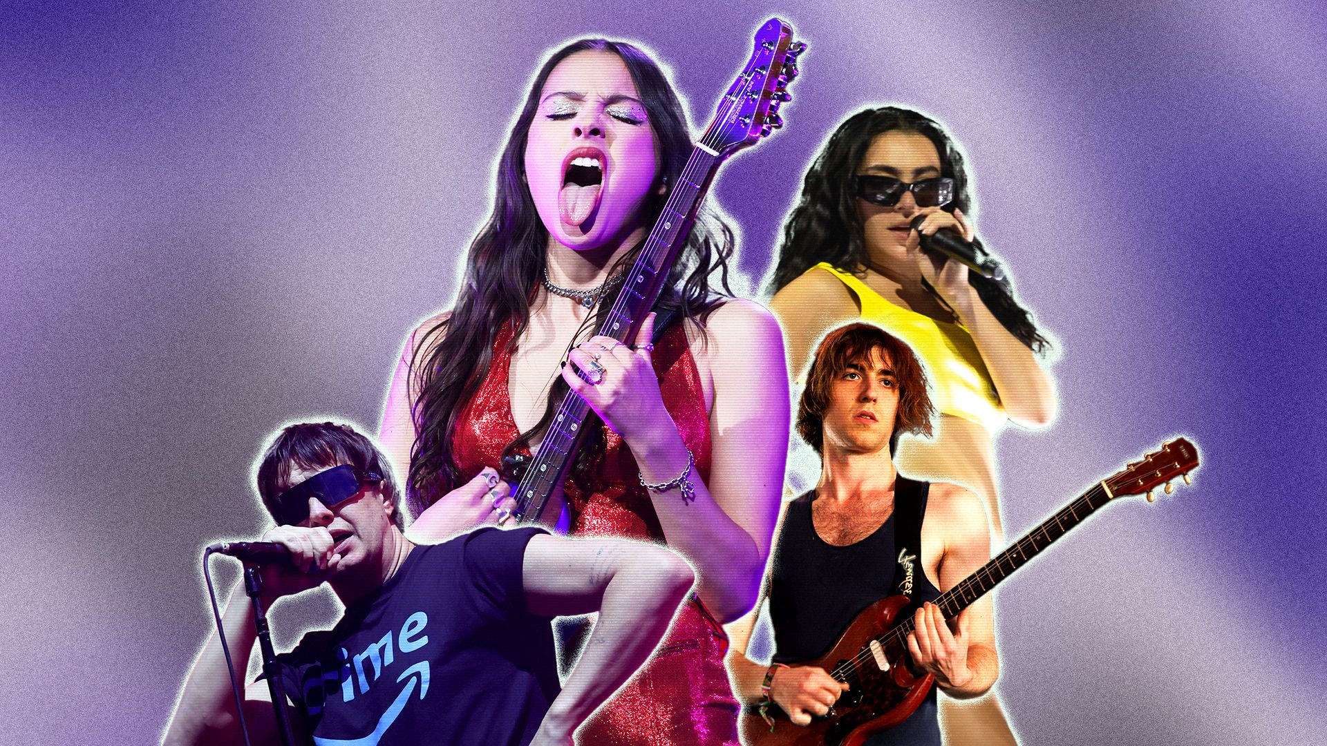 搖滾樂的浪潮要回歸了嗎?由左至右:The Strokes 主唱 Julian Casablancas、Olivia Rodrigo、Geese 主唱 Cameron Winter、Charli XCX。(圖片/Getty Images)
