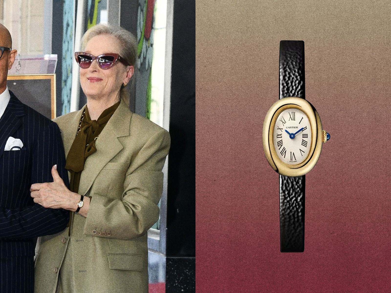 Image may contain Meryl Streep Wristwatch Adult Person Accessories Glasses Face Head Photography Portrait and Arm