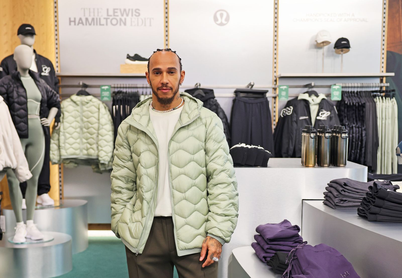 LONDON ENGLAND DECEMBER 14 Lewis Hamilton unveils the Lewis Hamilton x lululemon curated capsule collection at...